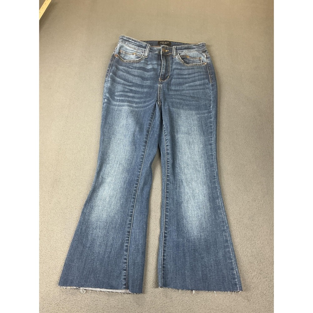 Judy Blue Jeans Womens 7/28 Blue Medium Wash Flare Crop‎ Raw Hem Stretch Denim